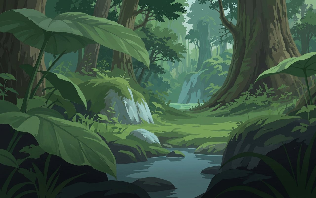Anime-style glowing forest with dewy leaves and fireflies