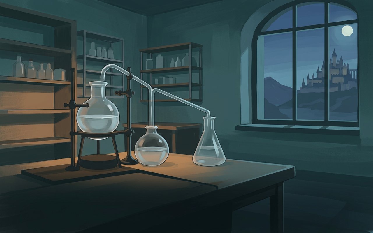 Anime-style night laboratory with glowing flasks