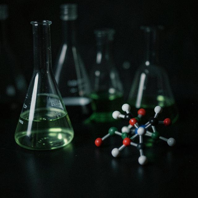 Dark laboratory glassware with a molecular model