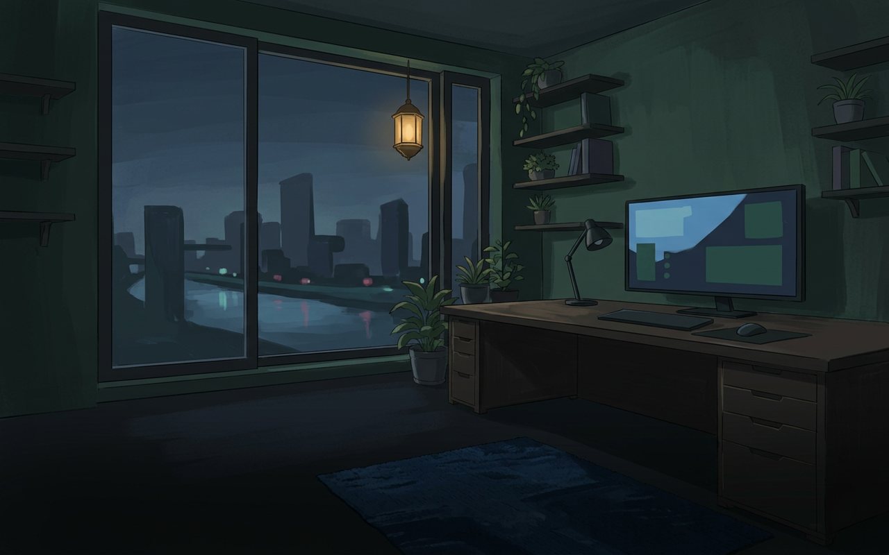 Anime-style computer setup at night overlooking a city