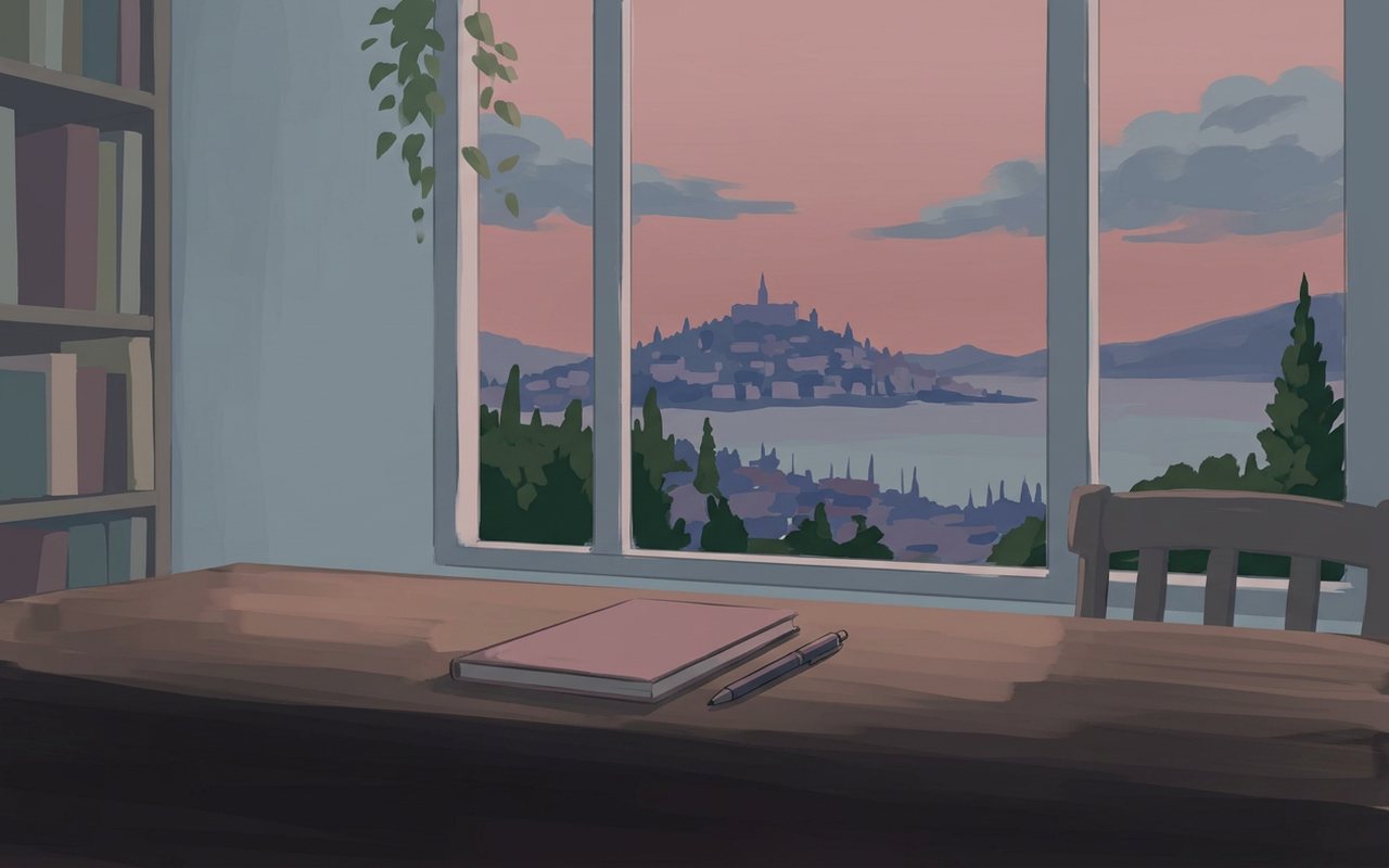 Anime-style writer's desk by a window at dusk