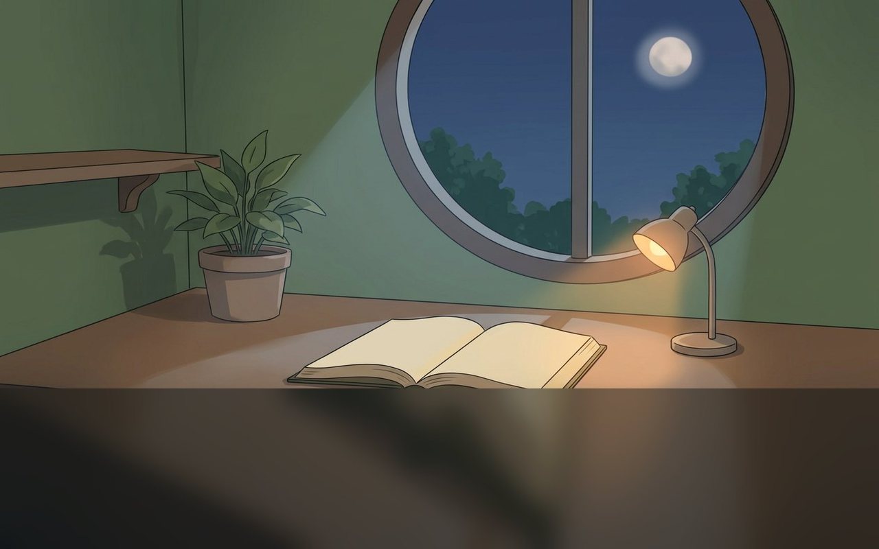 Anime-style candlelit library with a glowing open book