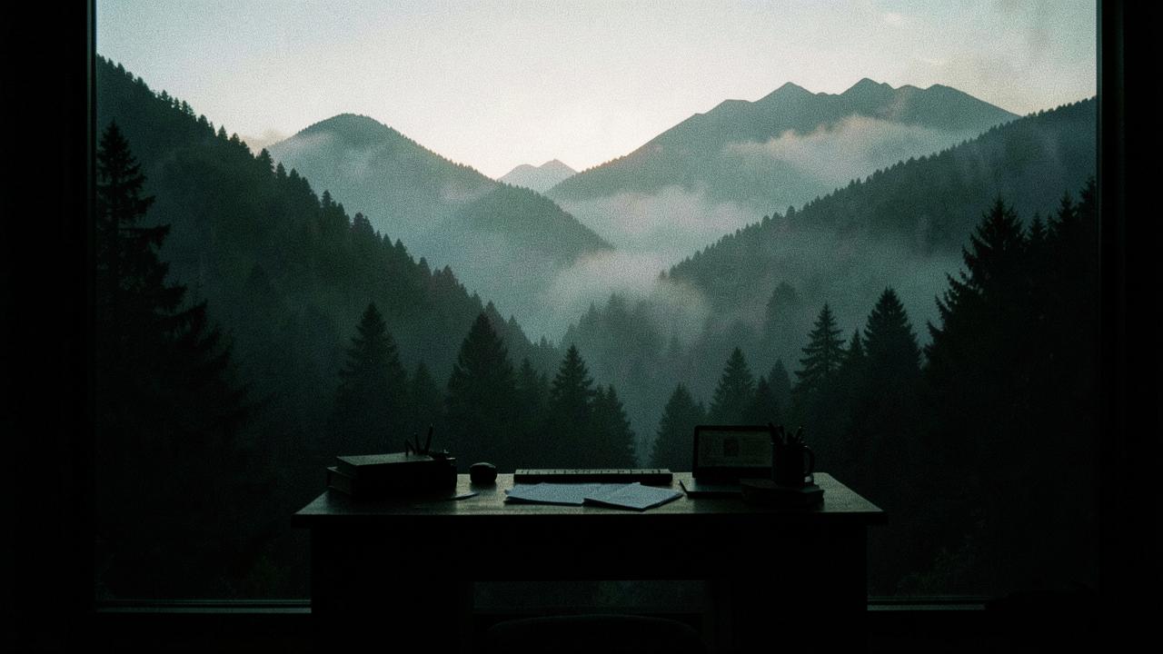 Misty mountains at dawn beyond a quiet study desk