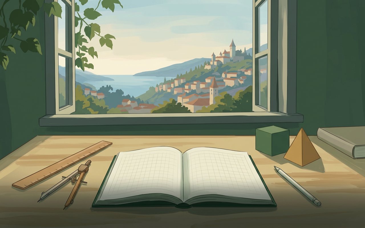 Anime-style study desk at golden hour with floating geometric shapes