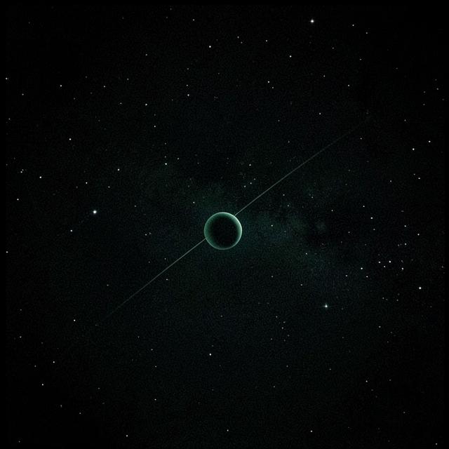 Dark starfield with a distant ringed planet